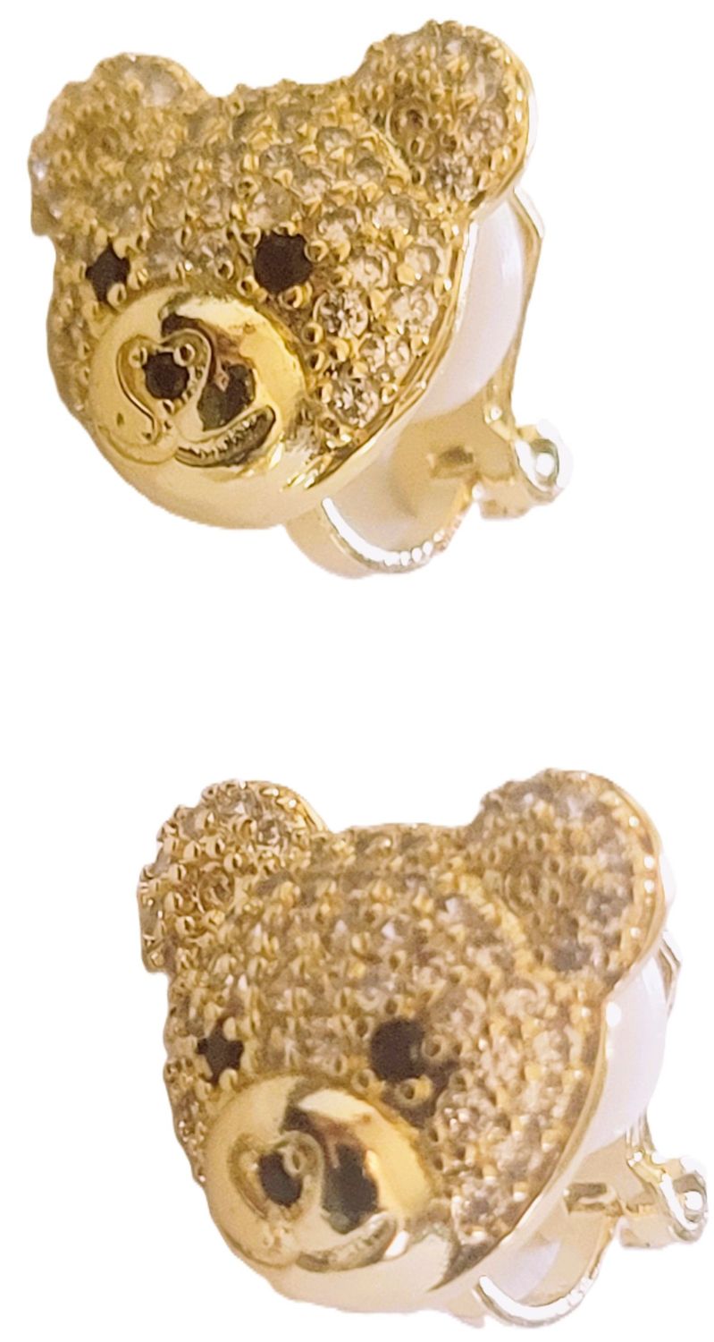 14k Gold Plated Brass Rhinestone Teddy Bear Cubic Zirconia Clip on No Pierced Girls Women Earrings