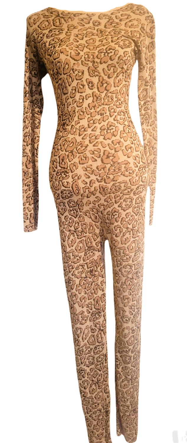 Women's Thick Sweater Leopard Sexy Bodycon Long Sleeve Scoop Neck One Piece Jumpsuit Romper