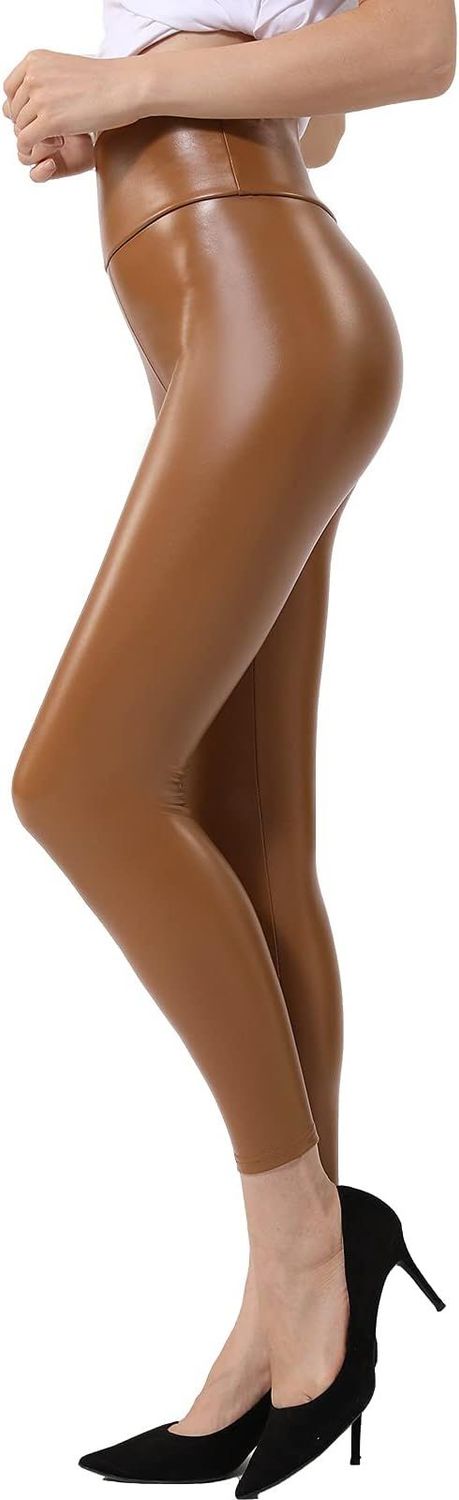 Faux Leather Leggings for Women Tummy Control Stretch High Waist Pleather Pants with Thin Fleece Lined