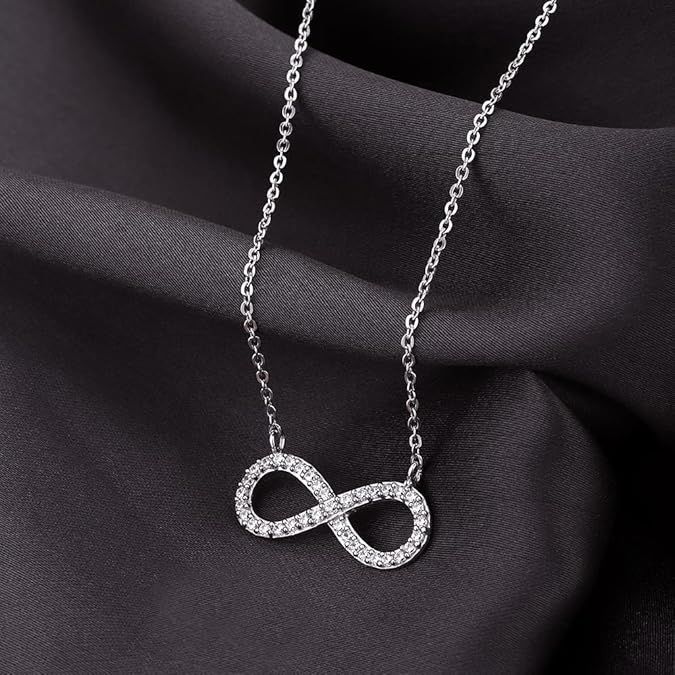 Rhodium Plated 925 Sterling Silver Valentine Theme - Infinity Necklaces with Cubic Zirconia Stones for Women - Valentine's Infinity Studded Pendant-Necklace and 1ct Moissanite Stud Earrings