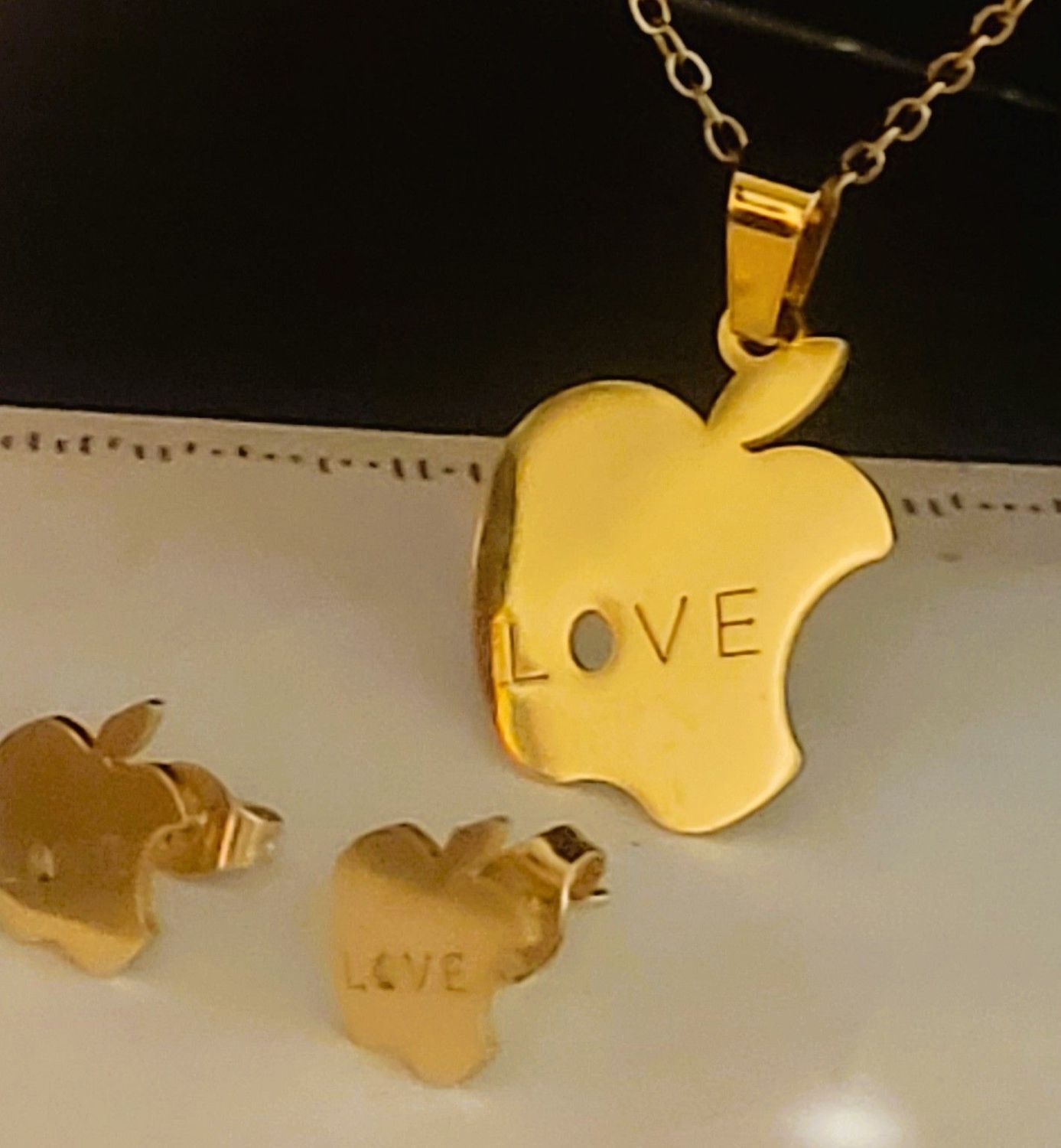 14k Gold Apple Love Earrings, Pendant Necklace High Polish 2 d Jewelry for Women