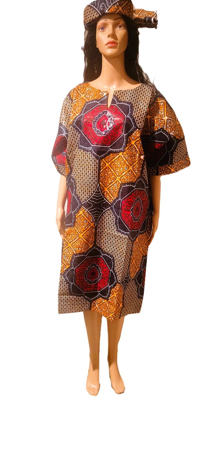 African Dresses for Women Ankara Print Bobou Designed Short-Sleeve Dress Dashiki Casual Party Wedding Dress Gown with Scarf