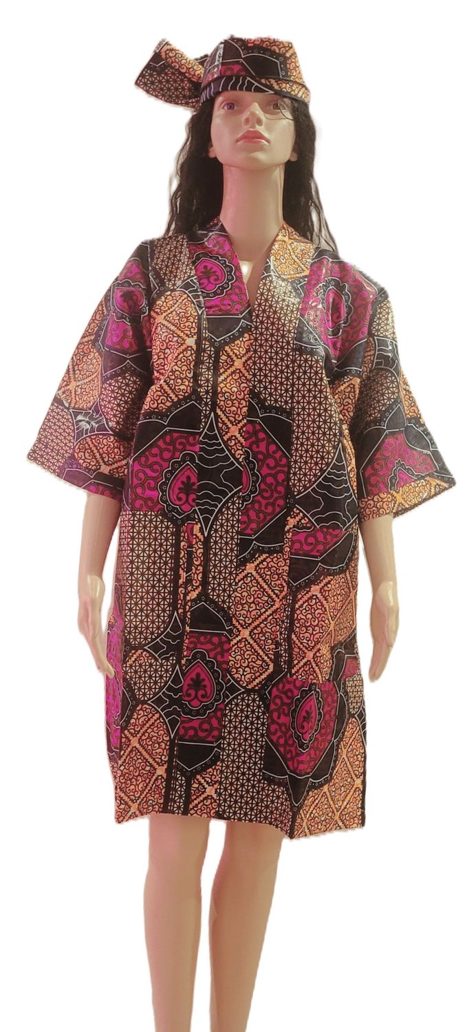 African multi-colored Dresses for Women Ankara Print Gown Dress Designed Short-Sleeve Dress Dashiki Cultural Casual Party Wedding All Occasion Dress Gown with scarf
