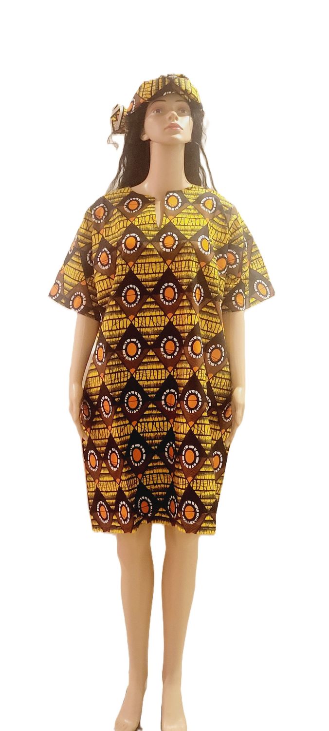 African Print for Women Ankara Print Short-Sleeve Dress kneel length Dashiki Casual Party Wedding Gown dress with Scalf