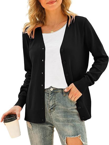 Women's Lightweight Button-Down Cardigan Sweaters Long Sleeve Classic V Neck Knit Soft Shrugs