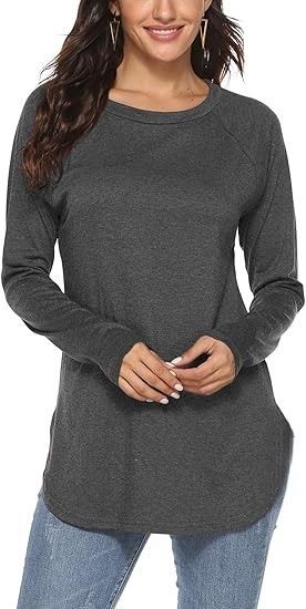 Women's Grey Top Women's Classic-Fit Long-Sleeve Crewneck Shirt Long Top dress uneven cut back design