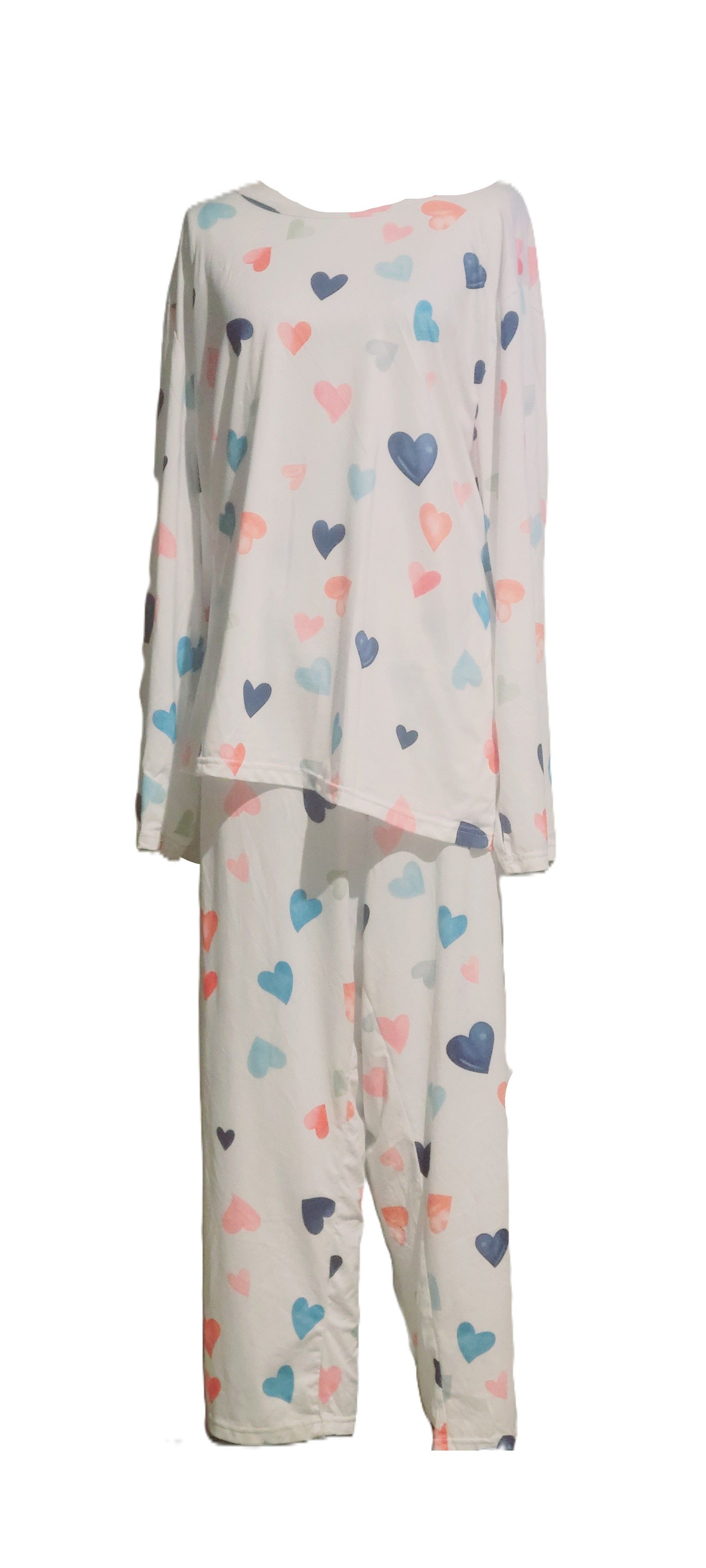 Round neck white stretchy Long Sleeve pull on and Long Pant Night set with heart shapes Pajama Set