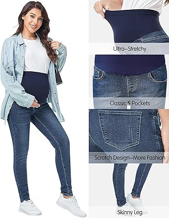 Women's Maternity Jeans Over Belly Skinny Stretchy Denim Pants Comfy Slim Pregnancy Pants