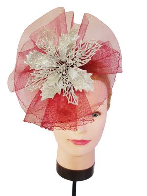 Women's/Girl's Fascinators Hat Flower Feather Veil Headband Tea Party Church Wedding Cocktail Headwear with Clip/band Color: Wine and Silver