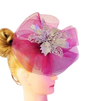 Women's/Girl's Fascinators Hat Flower Feather Veil Headband Tea Party Church Wedding Cocktail Headwear with Clip/band Color: Maroon and Silver