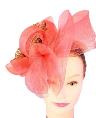 Women's/Girl's Fascinators Hat Flower Feather Veil Headband Tea Party Church Wedding Cocktail Headwear with Clip/band Color: Peach and Gold