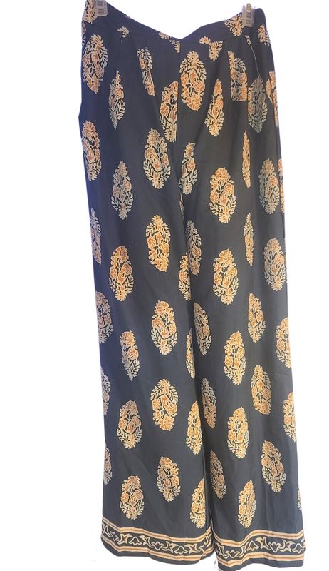 Womens Wide Leg Pants High Waisted Casual Cultural Print Blue Boho Palazzo Lounge Pant Baggy Trouser Size Medium