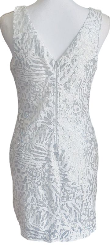 Sequin Glitter Dress Double V Neck Bodycon Party Club Cocktail Evening Mini Dresses Forever 21 Short White armless gown Us L Size 4- 5