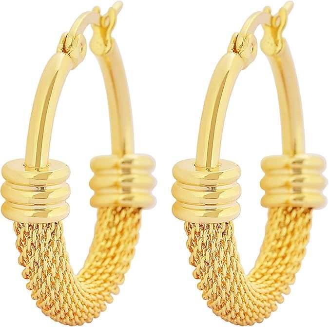 Women Girls Mesh Hoop Earrings 18K Gold Plated Sterling Silver Post Hollow Chunky Hoops Jewelry for Birthday/Christmas Gift Thick Hoop Earrings for Women Size - diameter 55.8 mm, easy wear. 2.2 inch