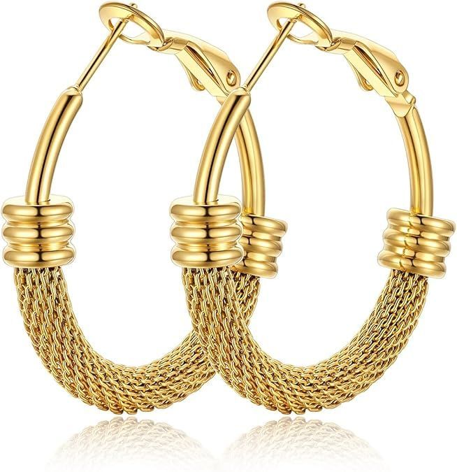 Mesh Hoop Earrings for Women Thick Hoop Earrings for Women 18K Gold Plated Sterling Silver Post Hollow Chunky Hoops Jewelry for Birthday/Christmas Gift Size - diameter 55 mm, easy wear. 2.15 inch