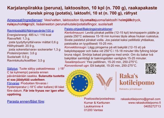 Perunapiirakka 10 kpl, raakapakaste (laktoositon)