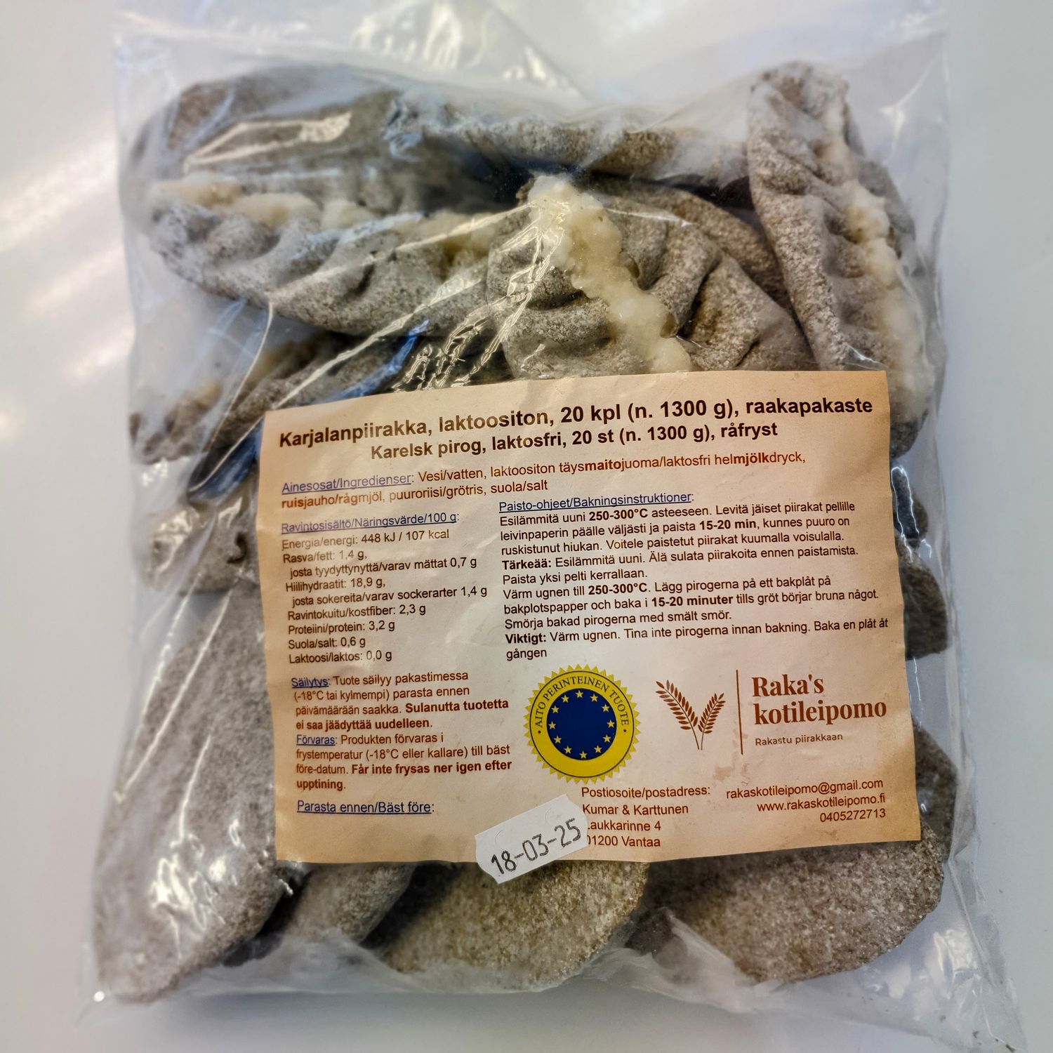 Karjalanpiirakka (laktoositon), raakapakaste, 20 kpl