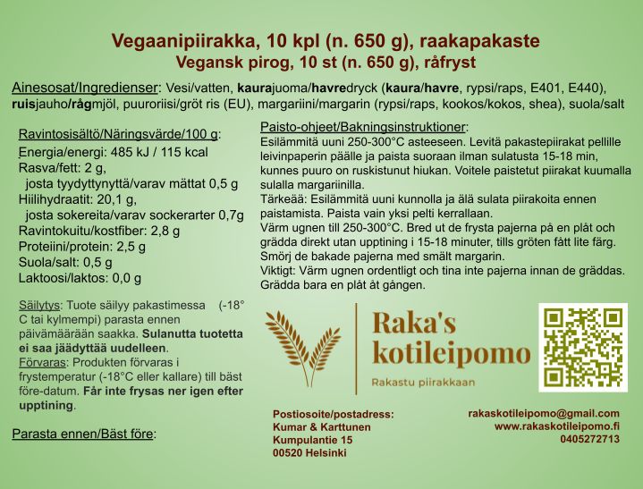 Vegaanipiirakka 10 kpl, raakapakaste (riisi)