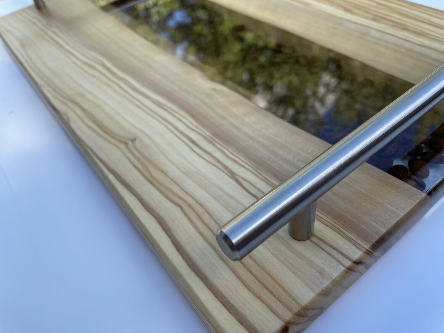 Coffee beans river serving tray with steel handles and resin inlay