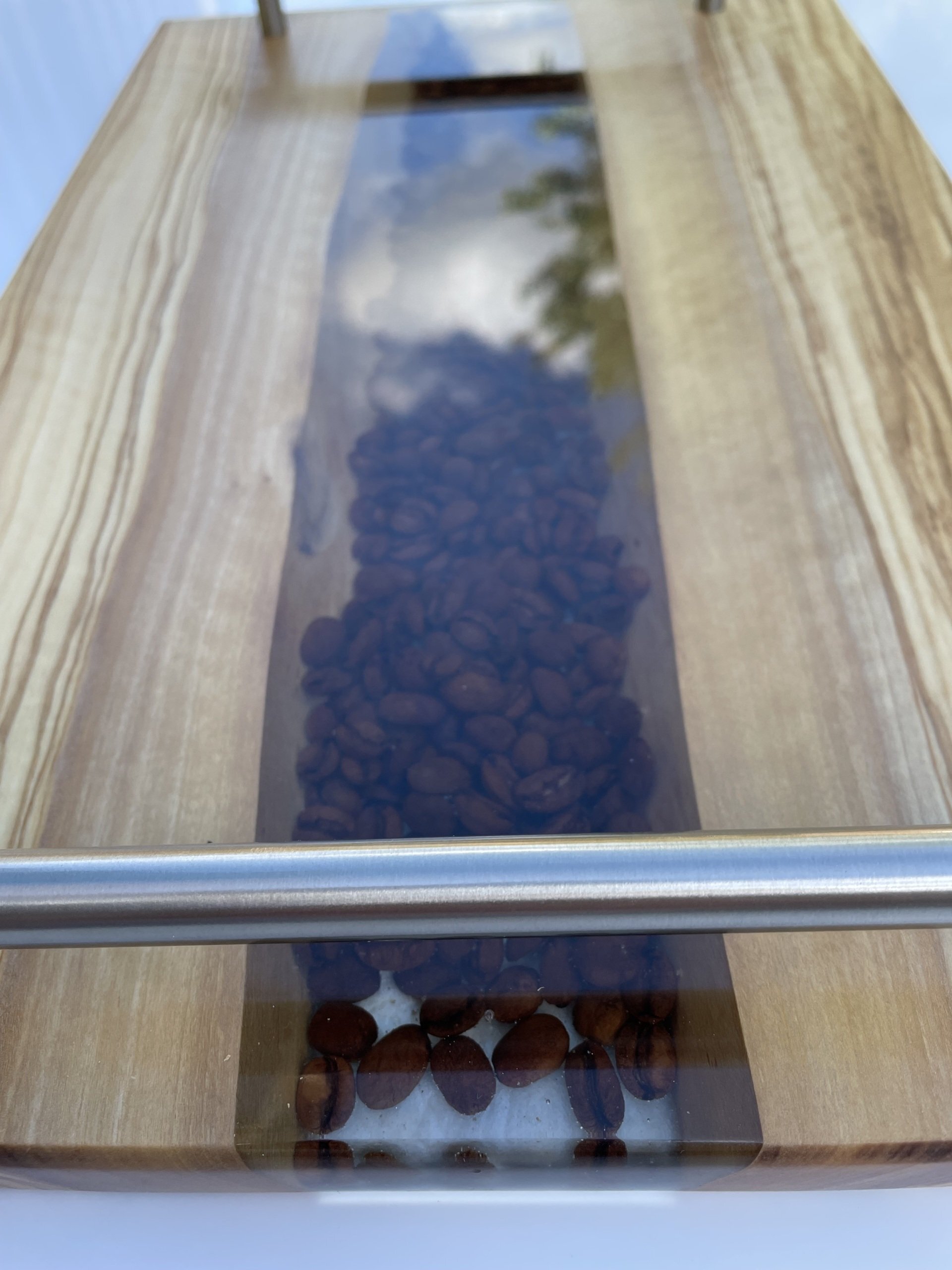 Coffee beans river serving tray with steel handles and resin inlay