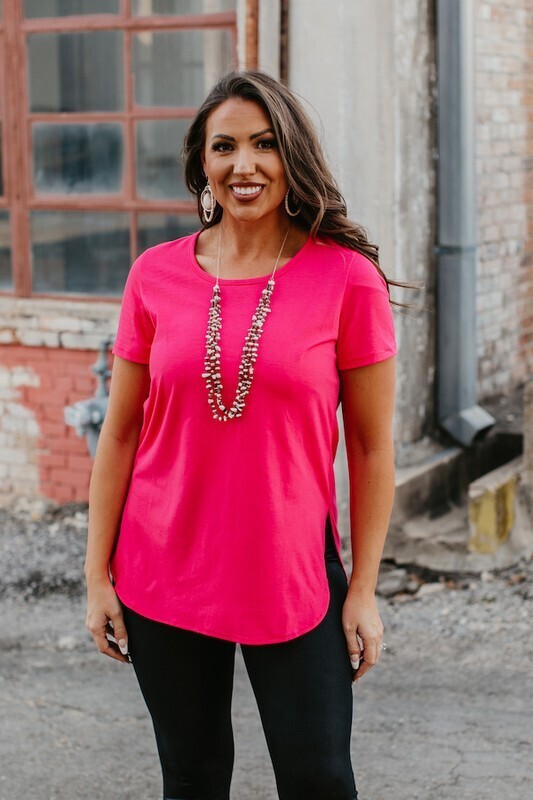 SHORT SLEEVE TOP WITH CURVED HEM- HOT PINK