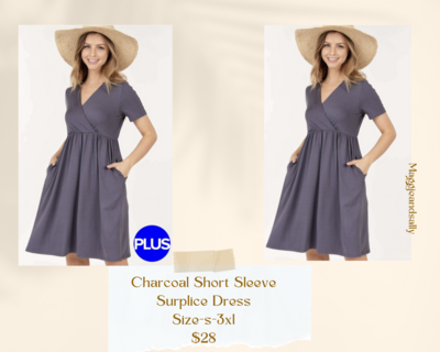 Short Sleeve Surplice Dress Charcoal
