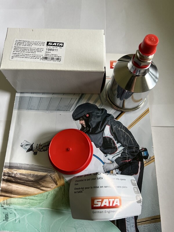 SATA Jet QCC Aluminum Cup w/Lid .15L For ALL JETS QCC OR THREADED INLET~Adapter with both