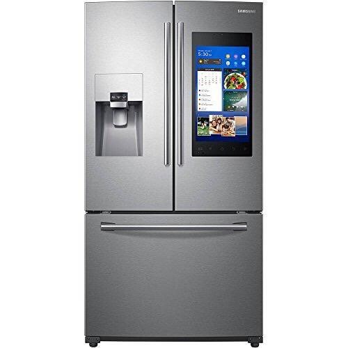 Stainless steel refrigerator with freezer on the bottom.