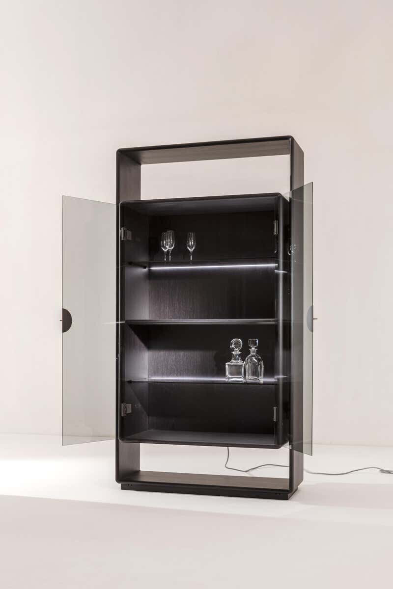 Modern Tall Cabinet in Black Wood and Glass