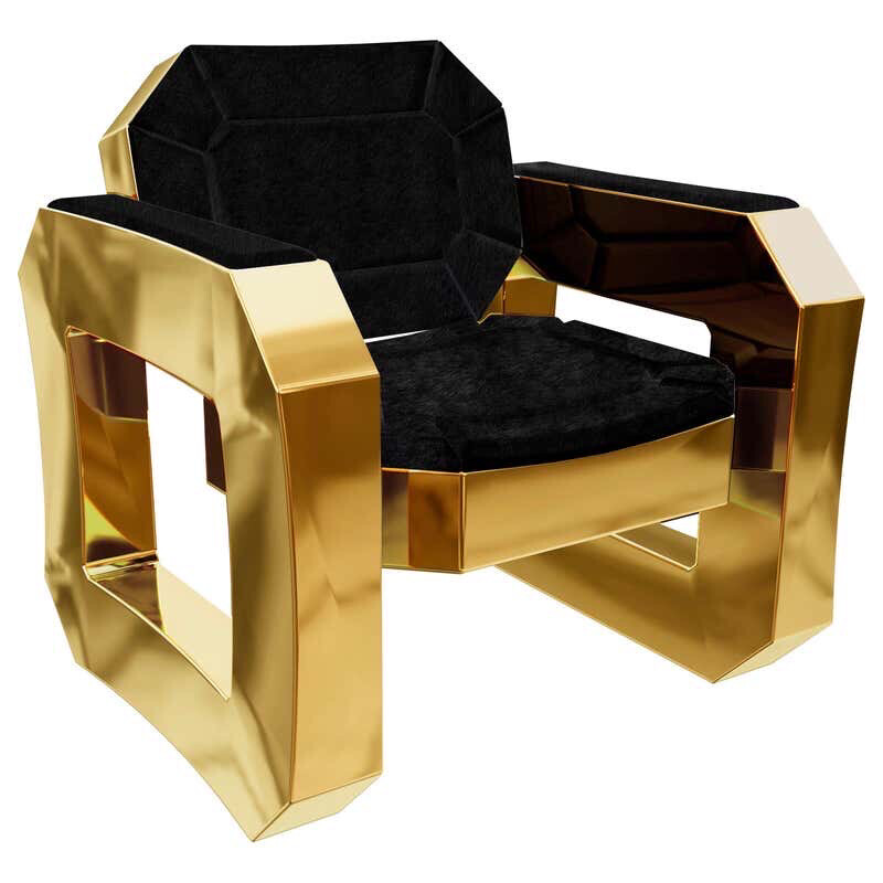 Golden Brass Velvet Upholstery Lounge Chair