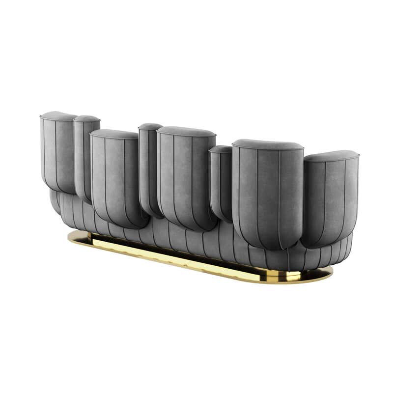 Modem Grey Velvet Sofa With Swivel Gold Base