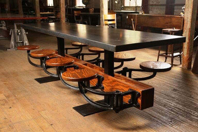 Modern Dining Table With Cast Iron Attached Swing Seats