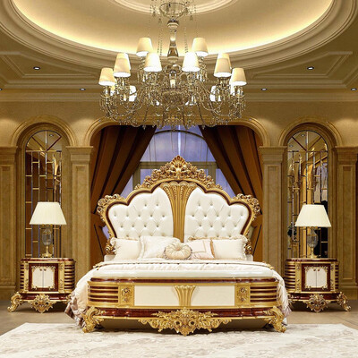 King Platform Bedroom Set 4 pcs in Gold, White, Dark Cherry