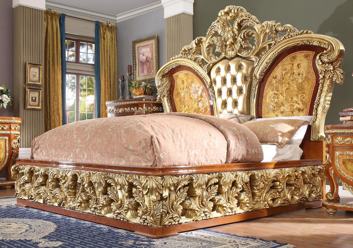 KING Bedroom Set 7 Psc Gold Curved Wood 