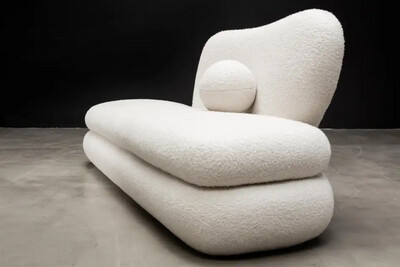 Modern Layered Asymmetrical Chaise in Cream Boucle