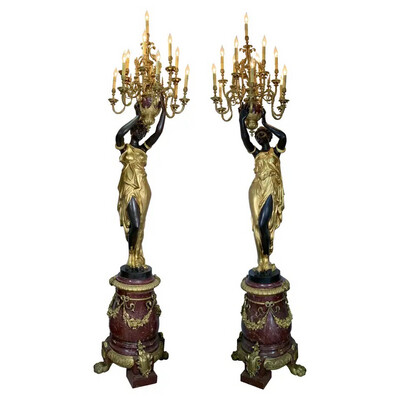 Patinated Bronze and Rouge Marble Torcheres