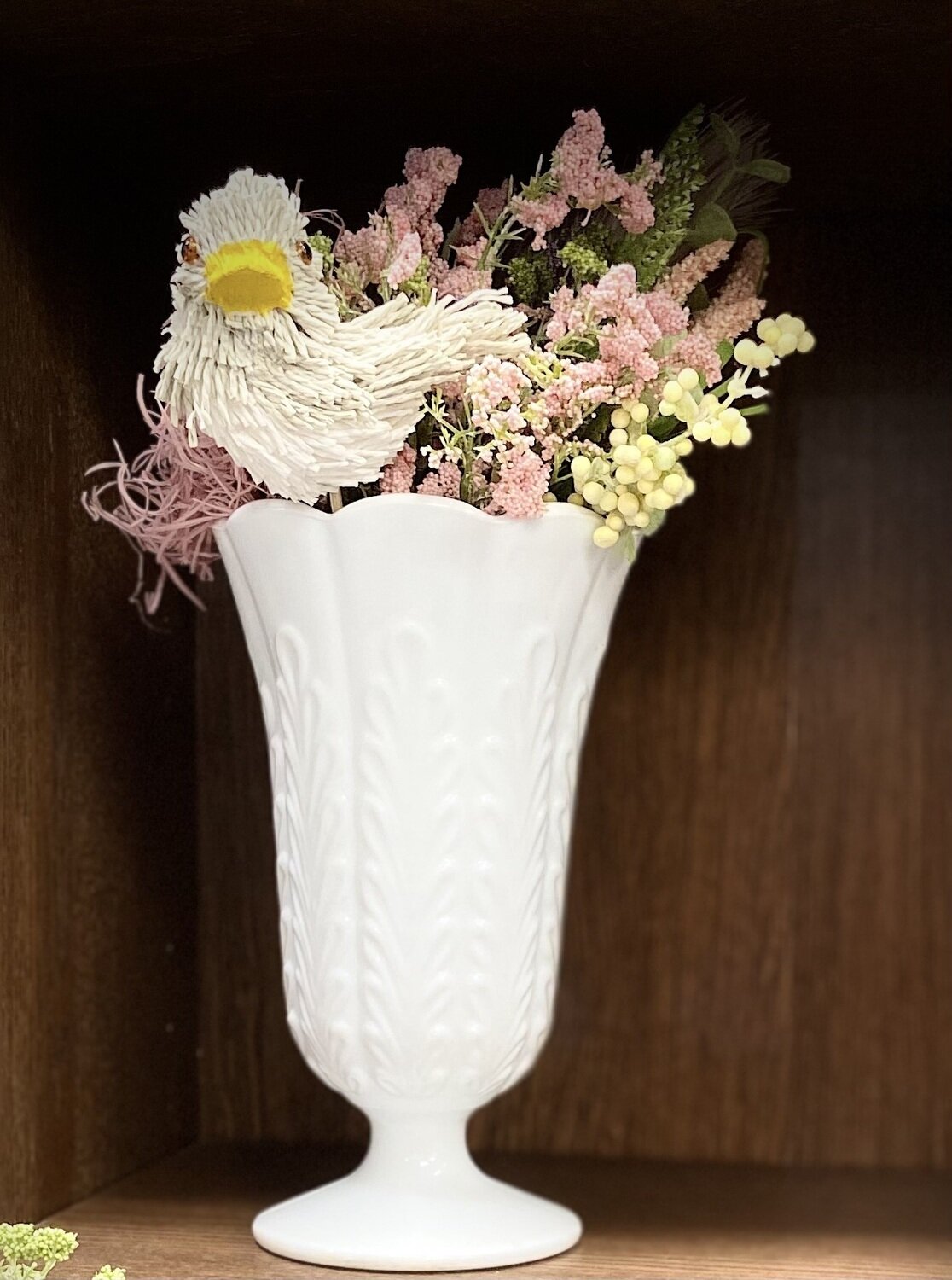 Milk Glass Floral Arrangement with Bird