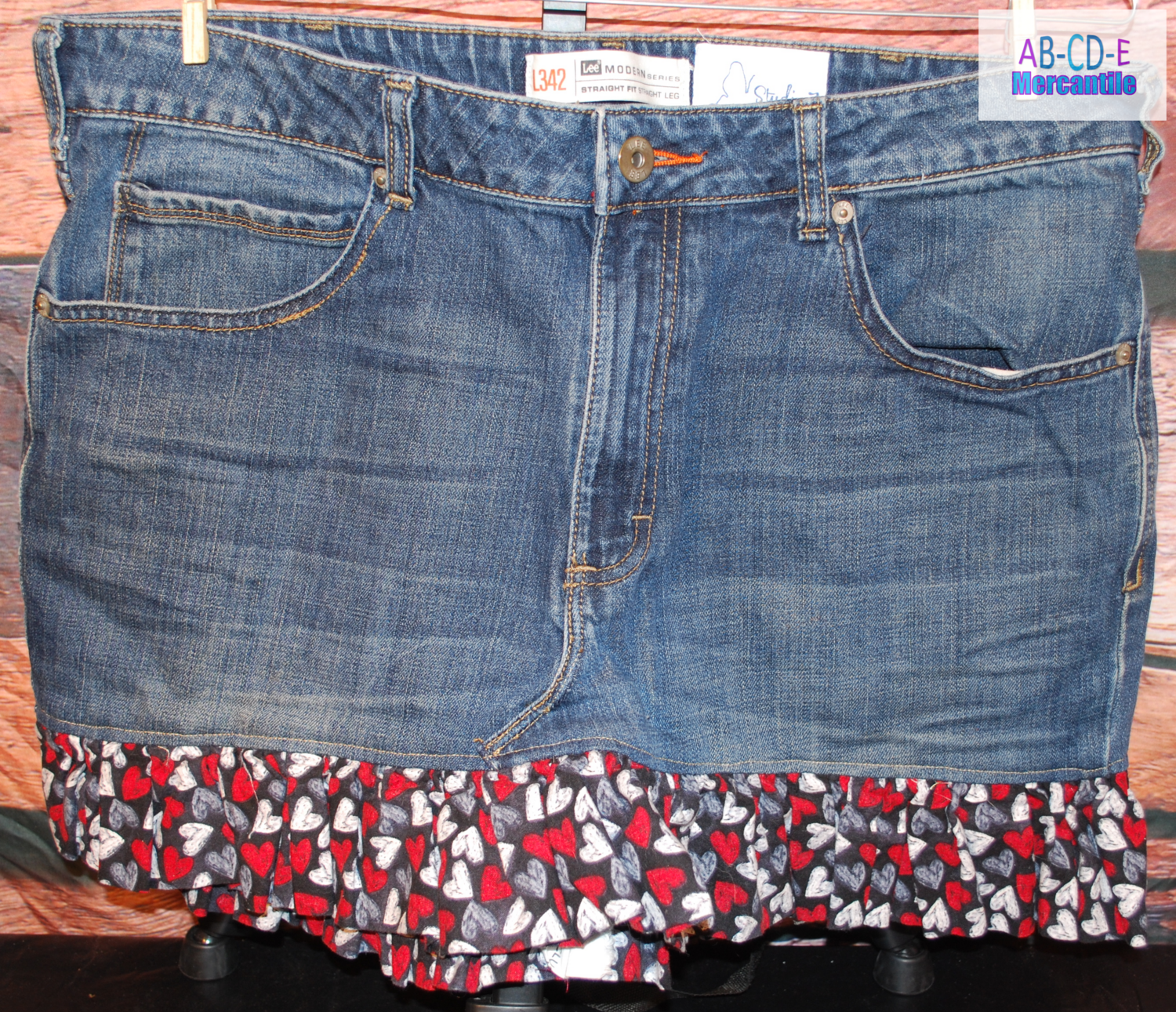 Upcycled Jean Skirt-Red &amp; Black Hearts