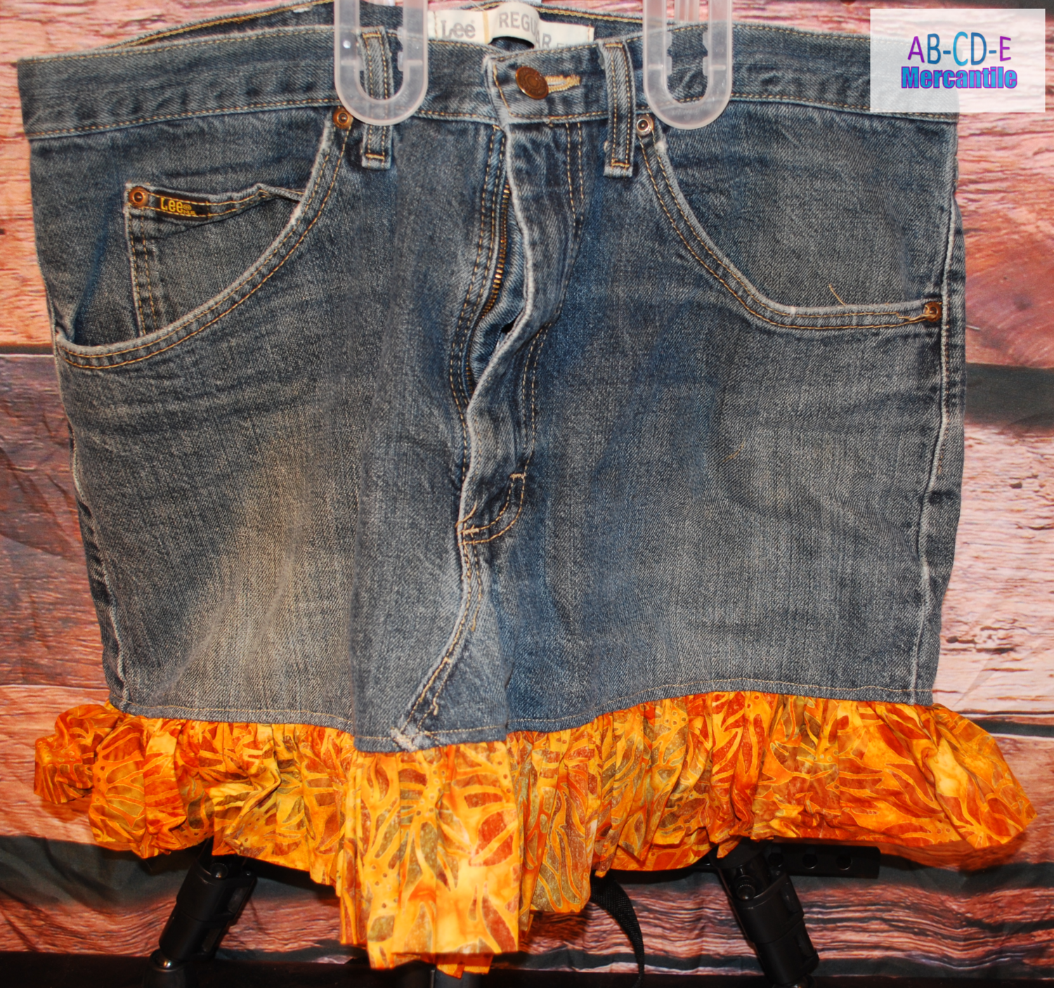 Upcycled Jean Skirt-Orange Monstera Leaves