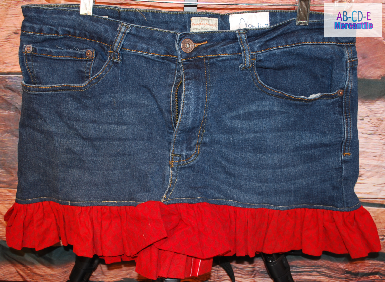 Upcycled Jean Skirt-Red Dragon Scales