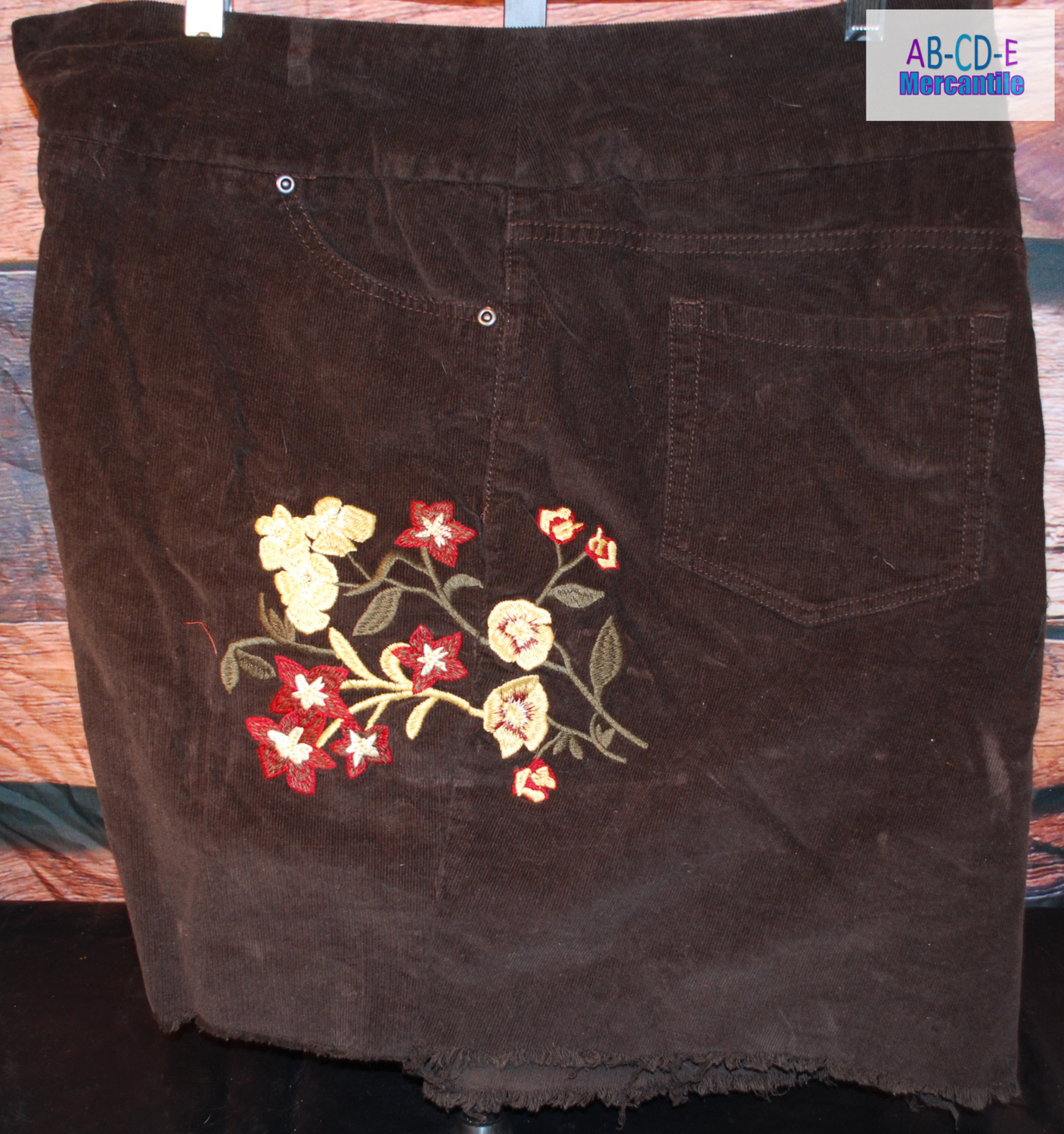 Upcycled Skirt-Brown Corduroy with Embroidered Flowers