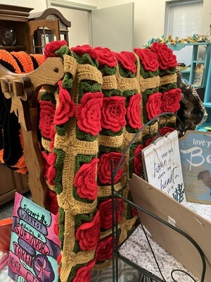 Vintage Crocheted 3D Rose Afghan