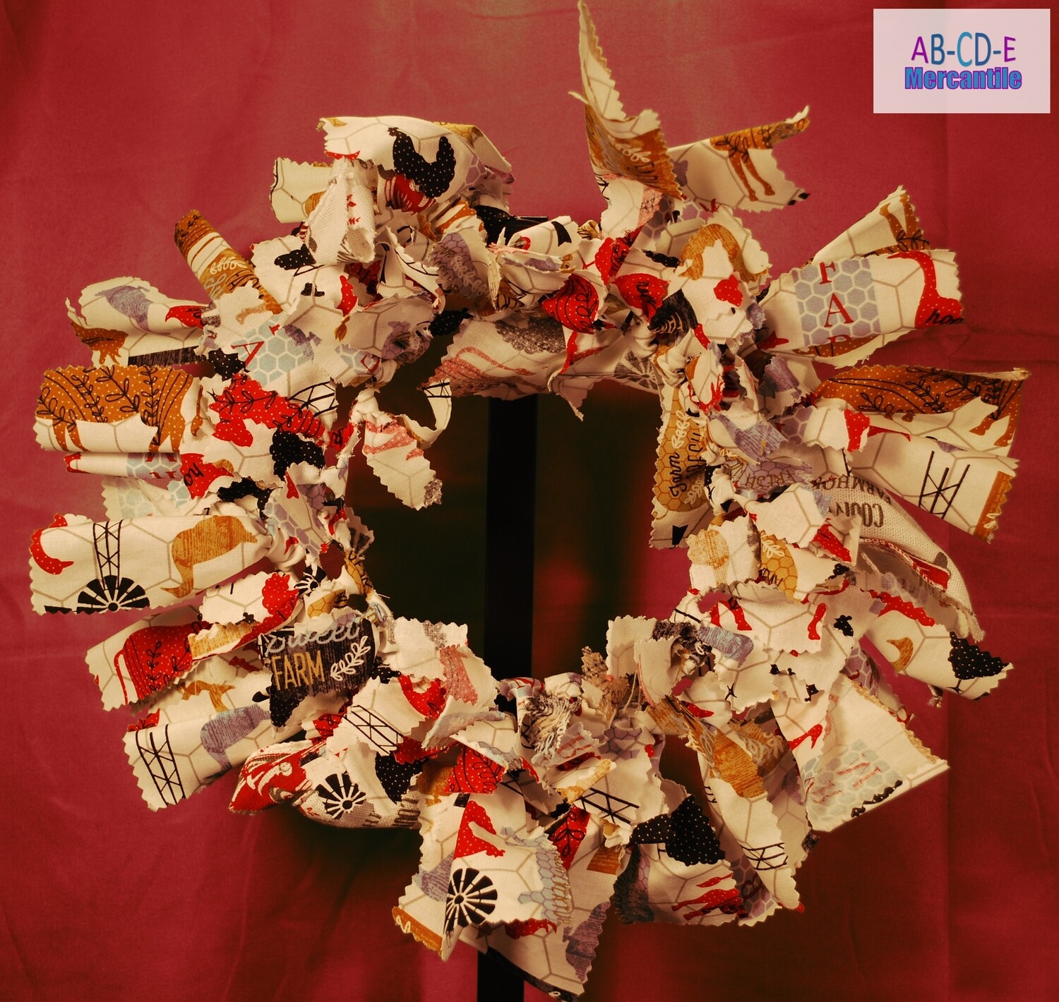 Farmhouse Garland-Teal, Red Fabric Wreath 8in