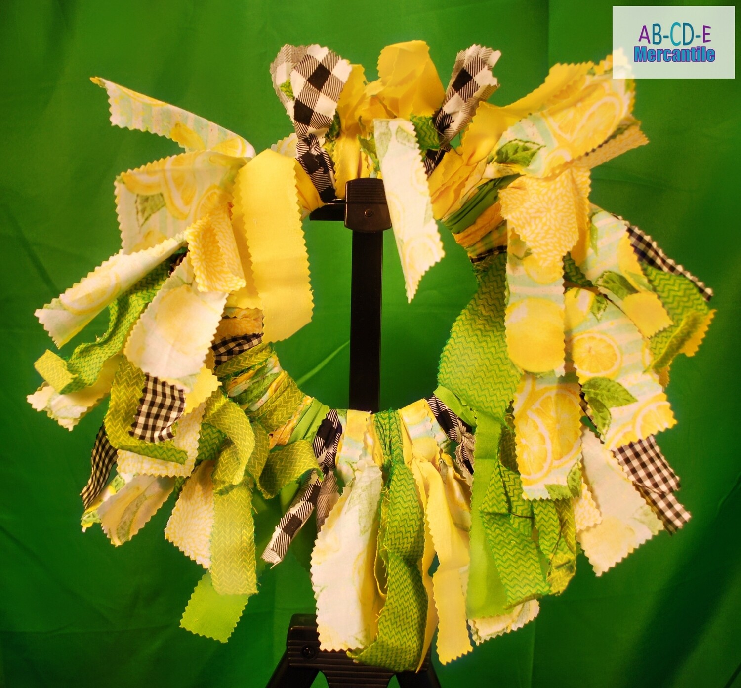 Lemon, Teal, Check Fabric Wreath 8in