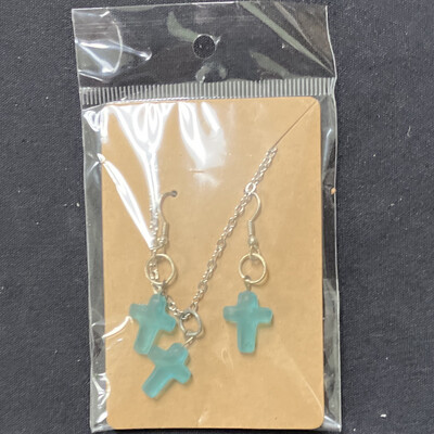 Handmade Blue Glass Cross Necklace &amp; Earring Set