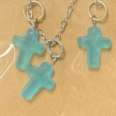 Handmade Blue Glass Cross Necklace &amp; Earring Set