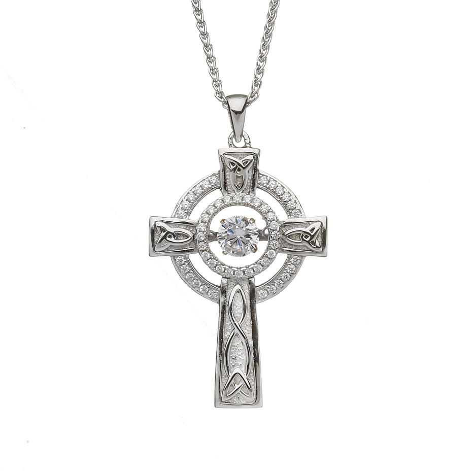Sterling Silver Celtic cross pendant with central dancing stone 