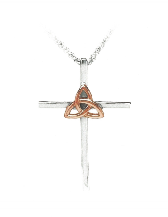 Celtic Sterling silver cross with rose gold plated Trinity knot