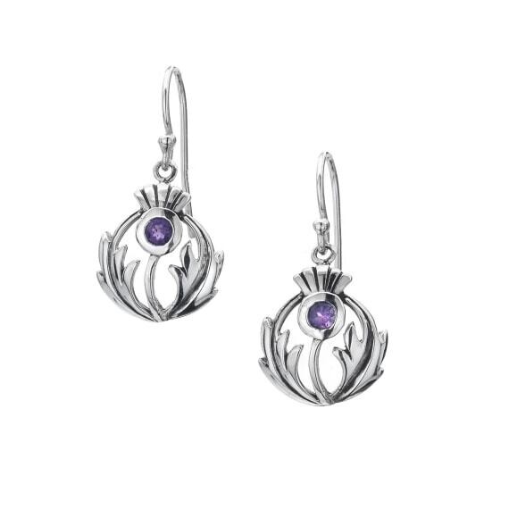 Silver Scottish Thistle Earrings with Amethyst Stone