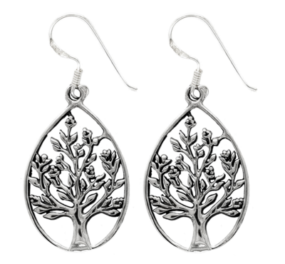 Celtic Tree of Life drop earrings in sterling silver, teardrop shape, celebrating Irish heritage.